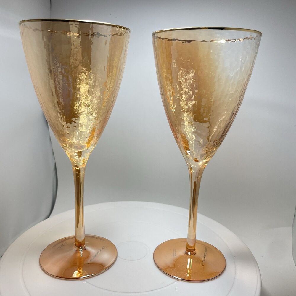 Anthropologie The Zaza Collection Wine Glasses - Honey Luster Gold Rim Set of 2 - Picture 5 of 8